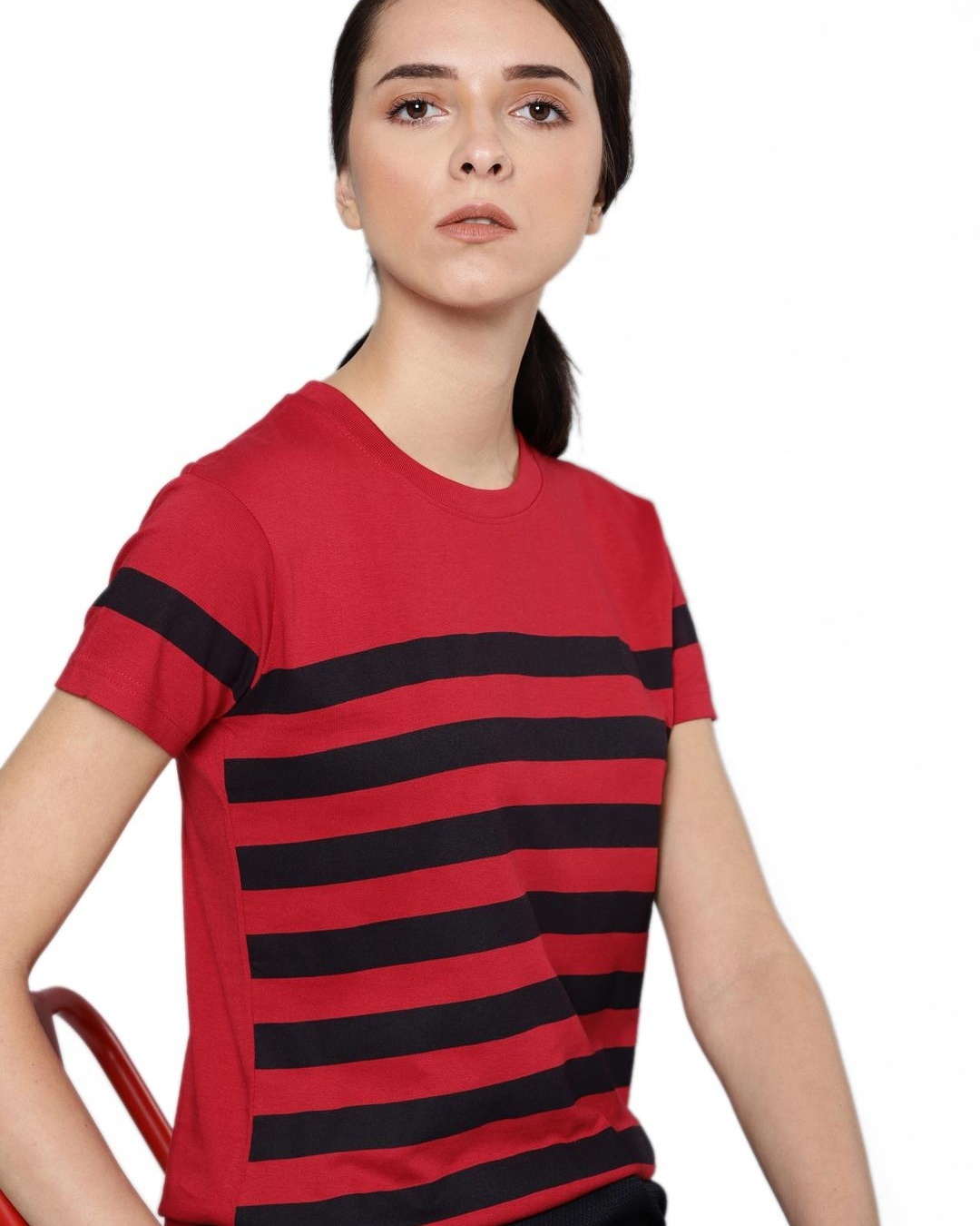 Shop Women's Red Striped T-shirt-Back