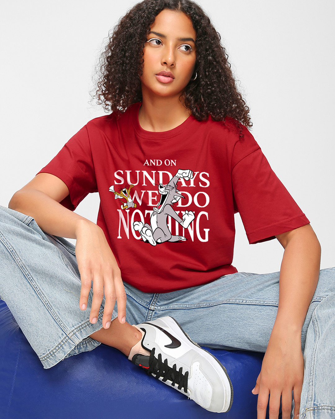 Buy Women's Red Sunday We Do Nothing Graphic Printed Oversized T-shirt ...