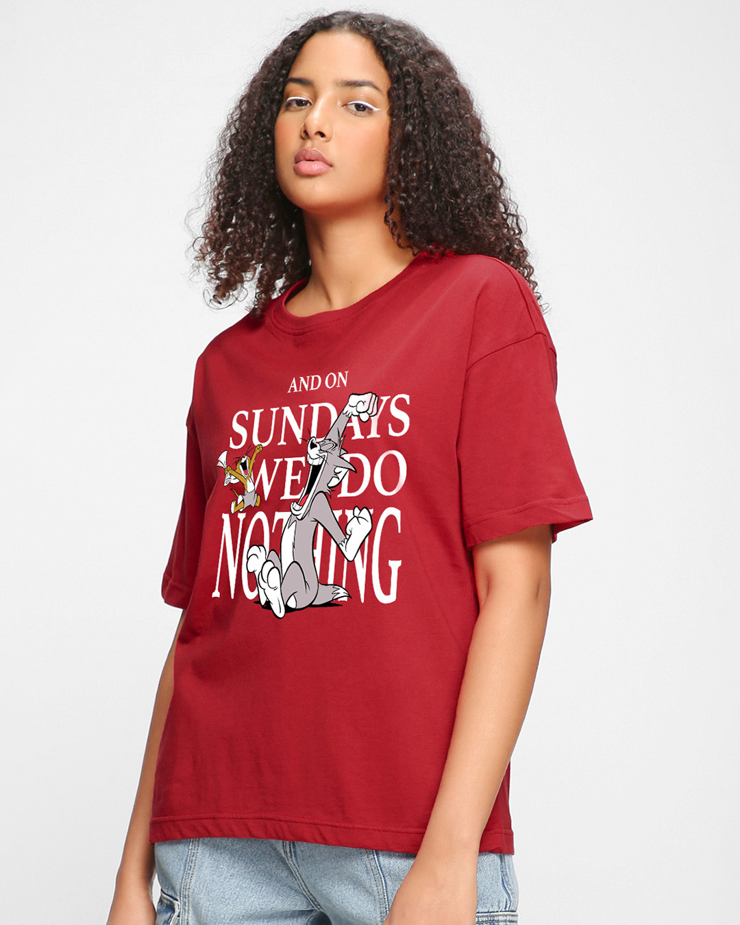 Shop Women's Red Sunday We Do Nothing Graphic Printed Oversized T-shirt-Back