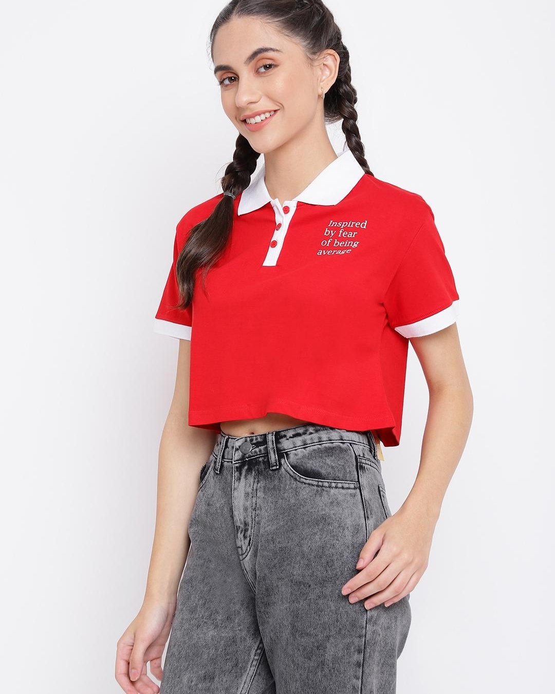 Shop Women's Red Typography Crop Polo T-shirt-Back