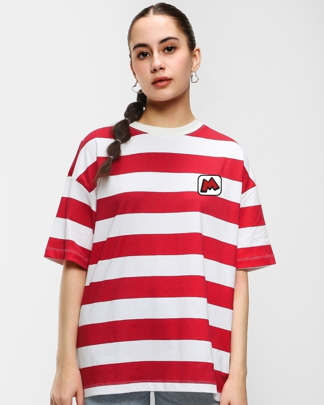 Shop Women's Red & White Classic Mickey Striped Oversized T-shirt-Back