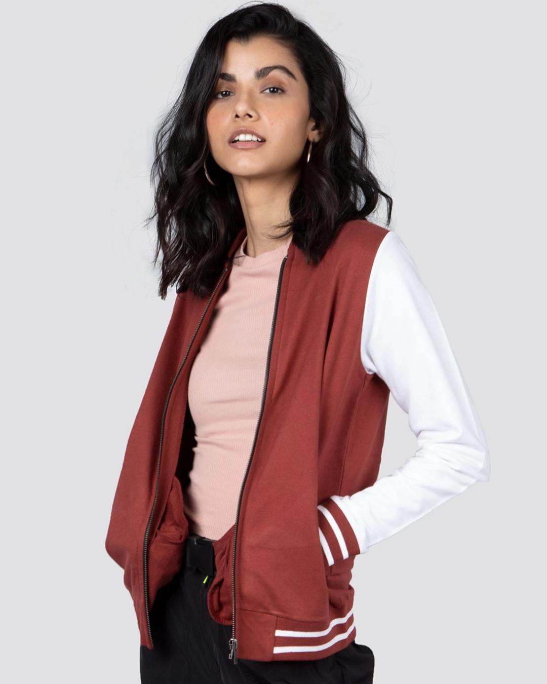 Shop Women's Red & White Color Block Varsity Bomber Jacket-Back