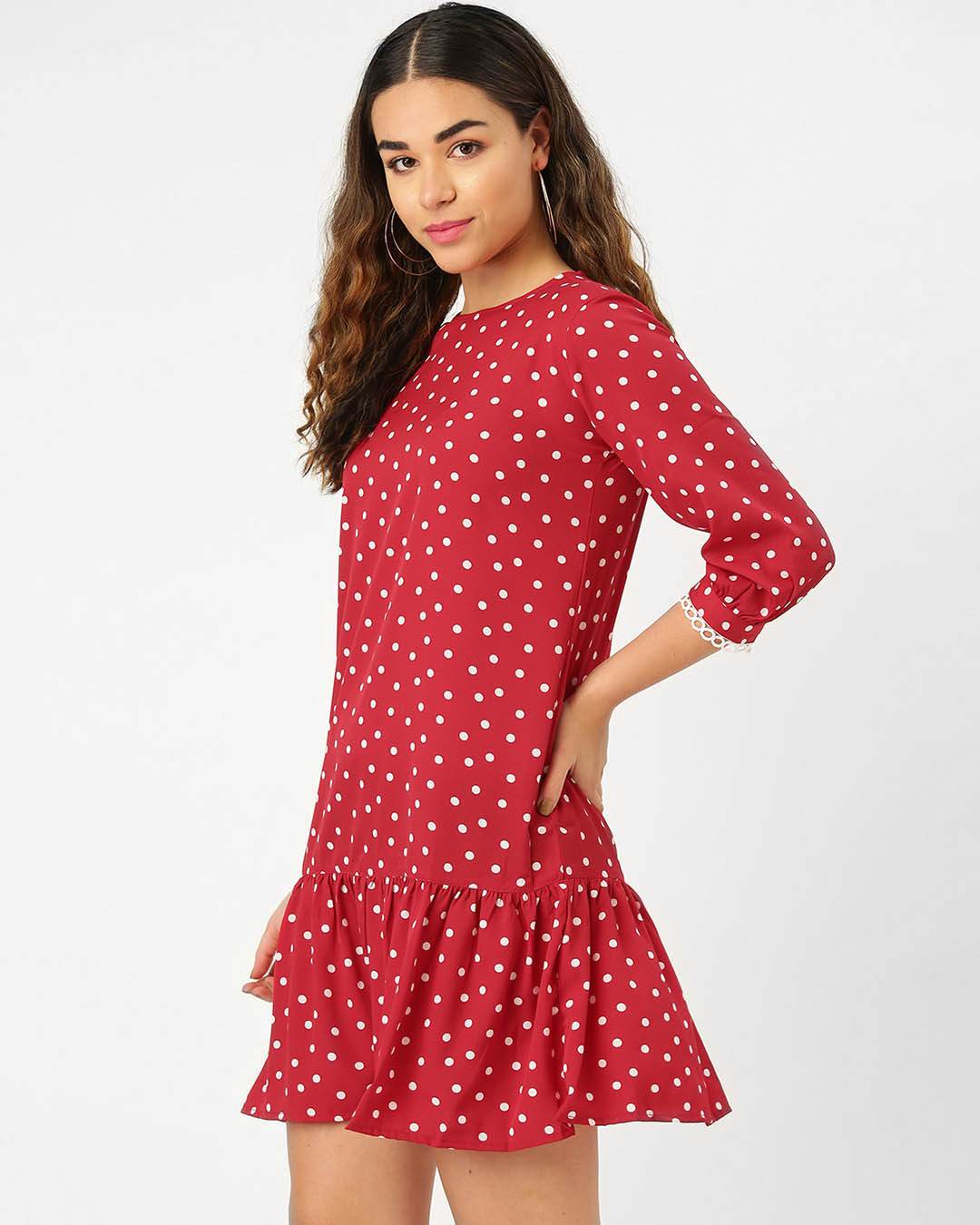 Shop Women's Red & White Polka Dots Print Drop Waist Dress-Back