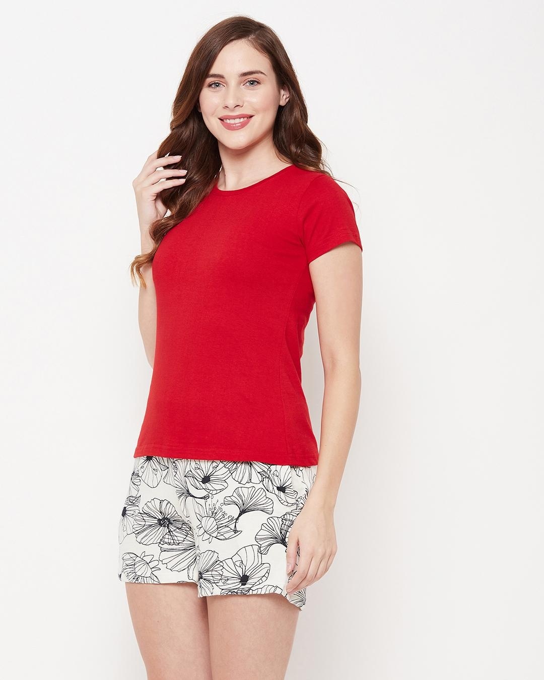 Shop Women's Red & White Printed T Shirt & Shorts Set-Back