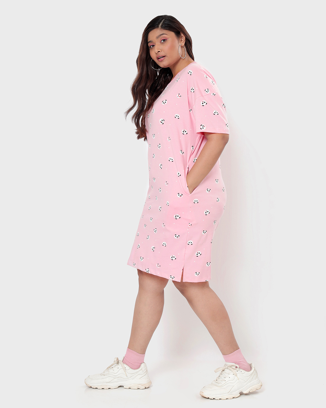 Shop Women's Rose Shadow All Over Panda Face Printed Plus Size Oversized Fit Dress-Back