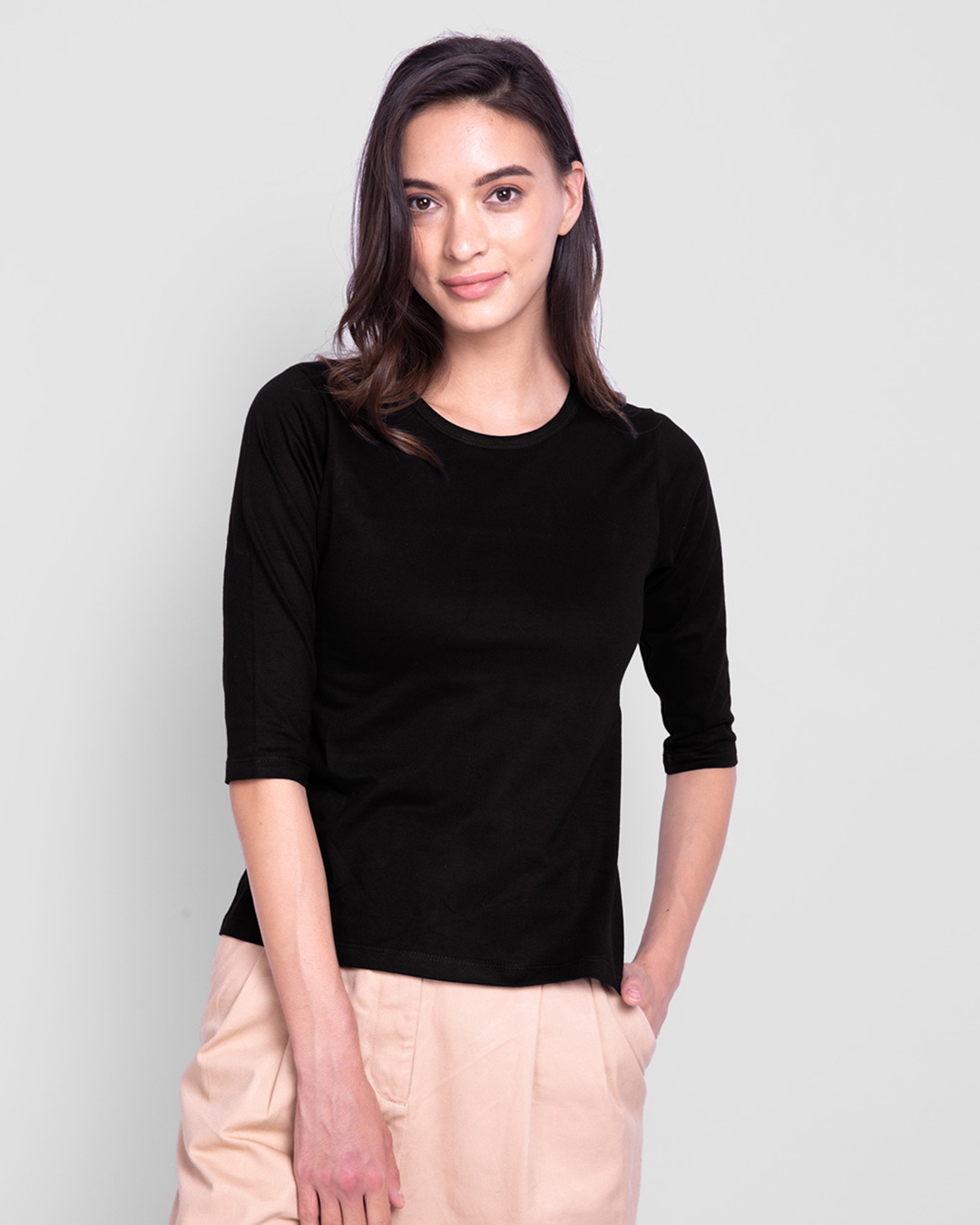 Shop Women's Round Neck 3/4 Sleeve Combo T-Shirts Black-Back