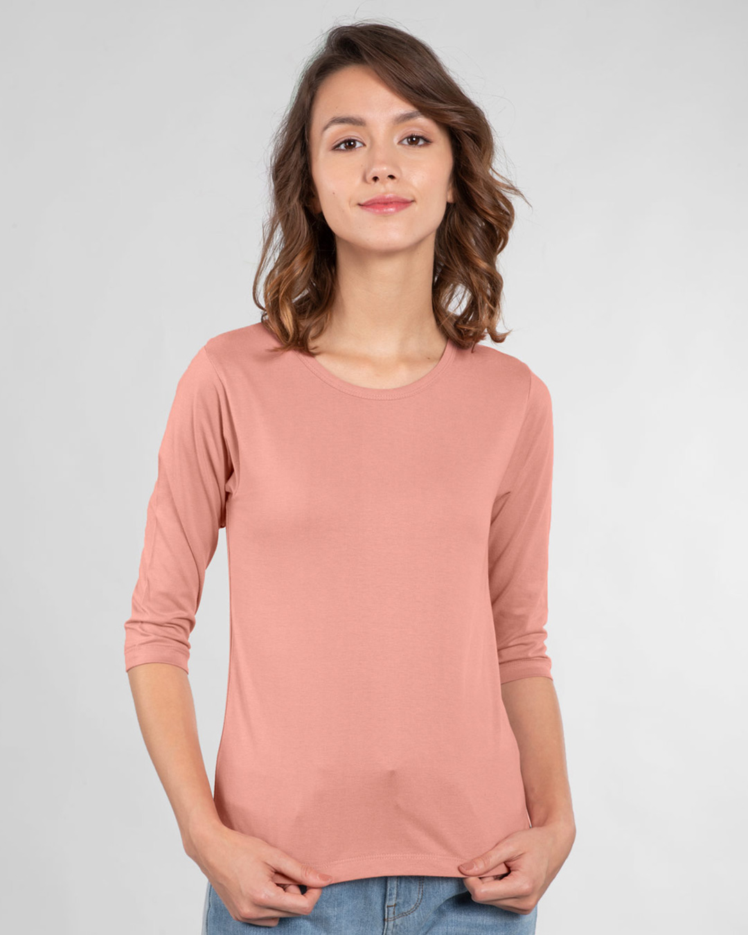 Shop Women's Round Neck 3/4 Sleeve Combo T-Shirts Pink-White-Back
