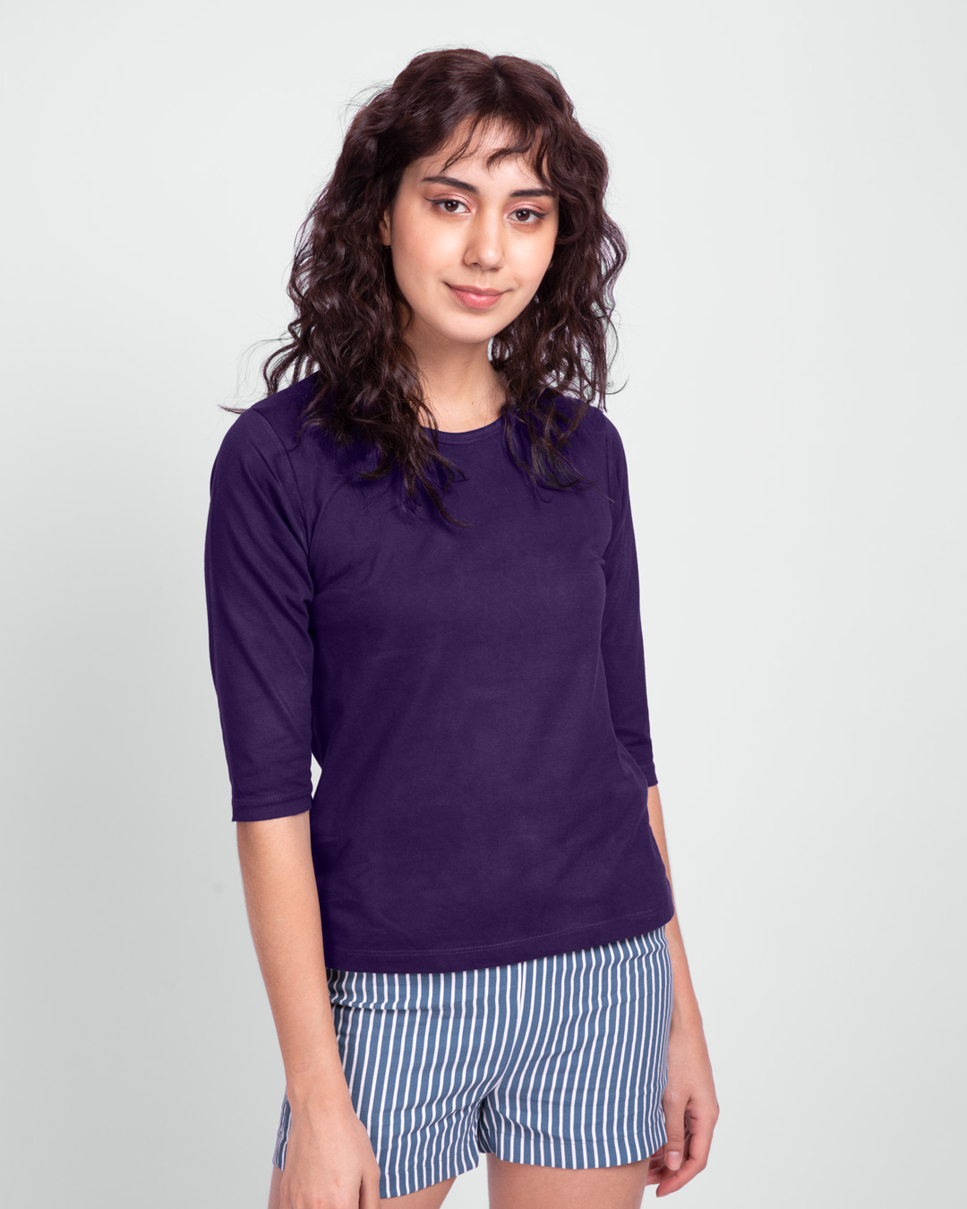 Shop Women's Round Neck 3/4 Sleeve Combo T-Shirts Purple-Back