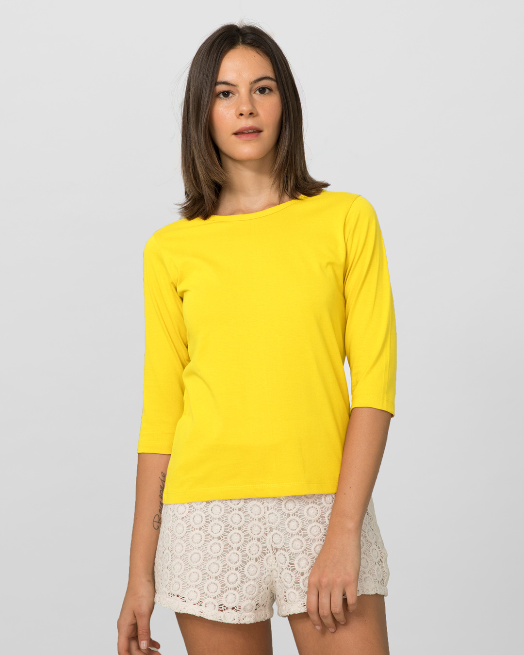 Shop Women's Round Neck 3/4 Sleeve Combo T-Shirts Yellow-Purple-Back