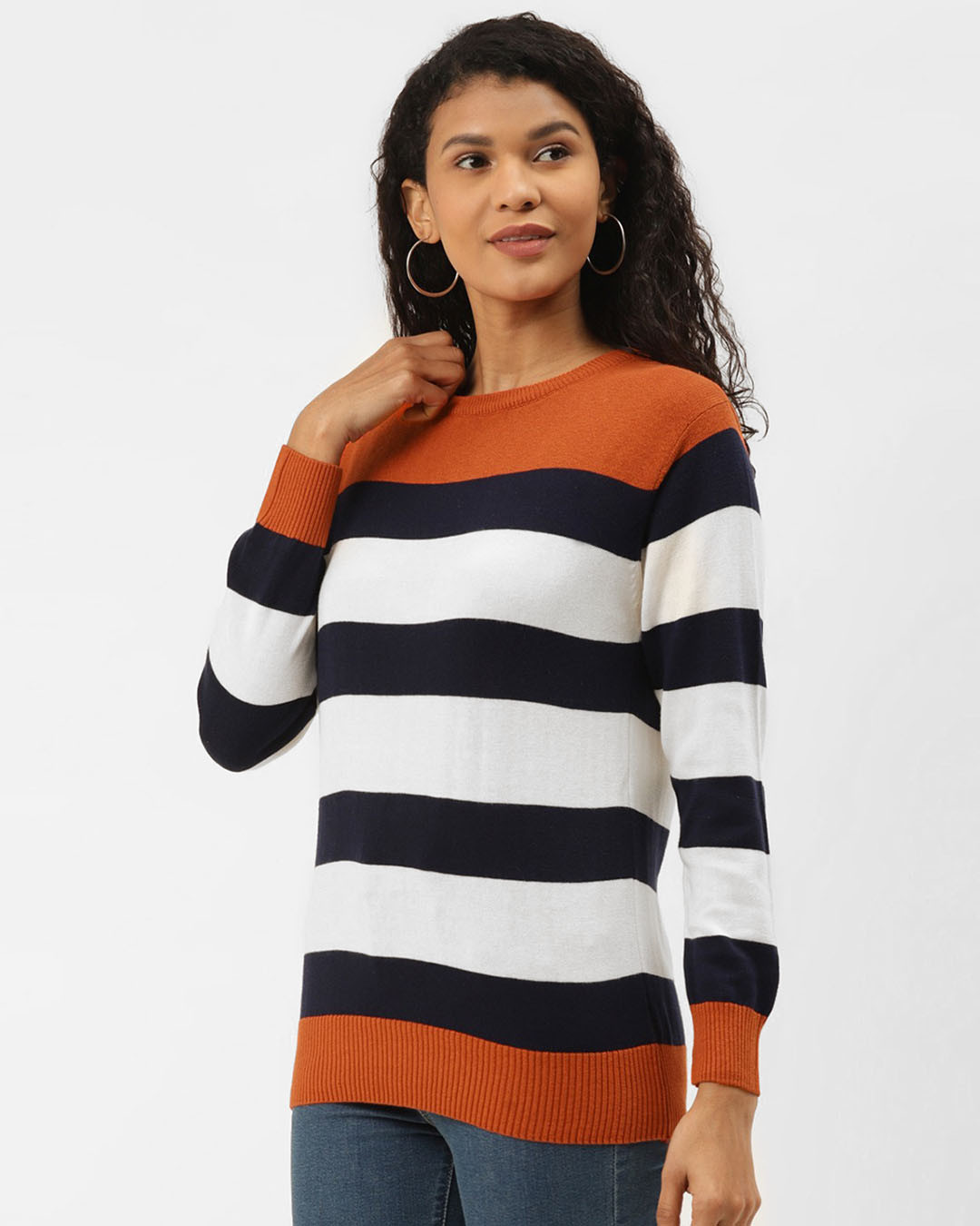 Shop Women's Rust Orange & Navy Blue Striped Pullover Sweater-Back
