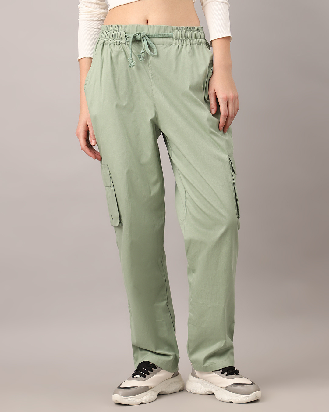 Shop Women's Sage Green Loose Comfort Fit Cargo Pants-Back