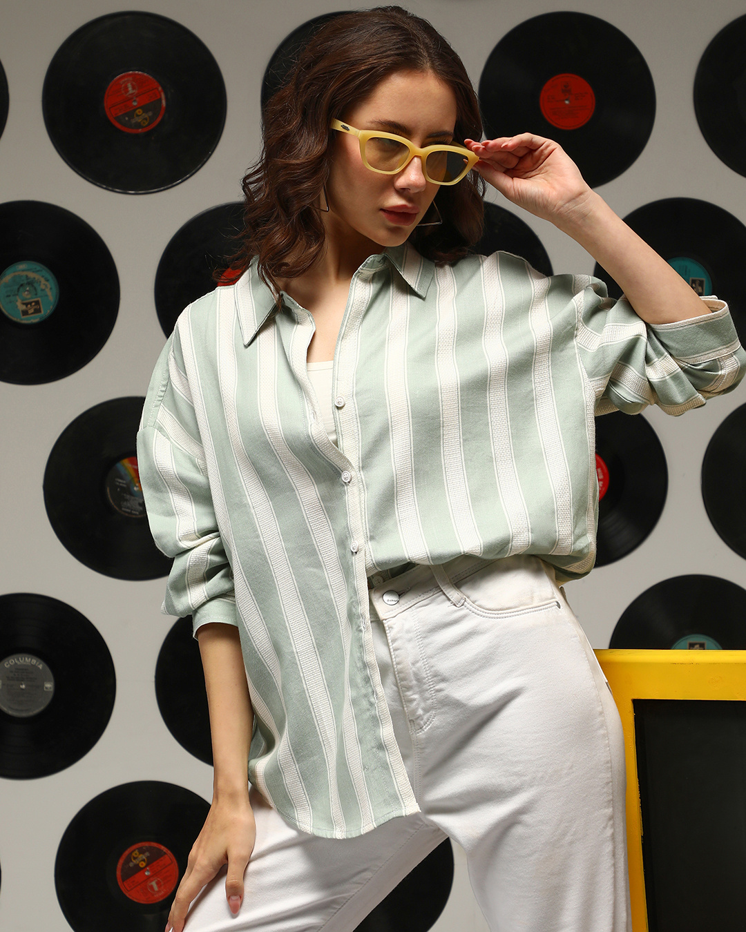 Women Sea Green & White Stripe Shirt With Straight Pants