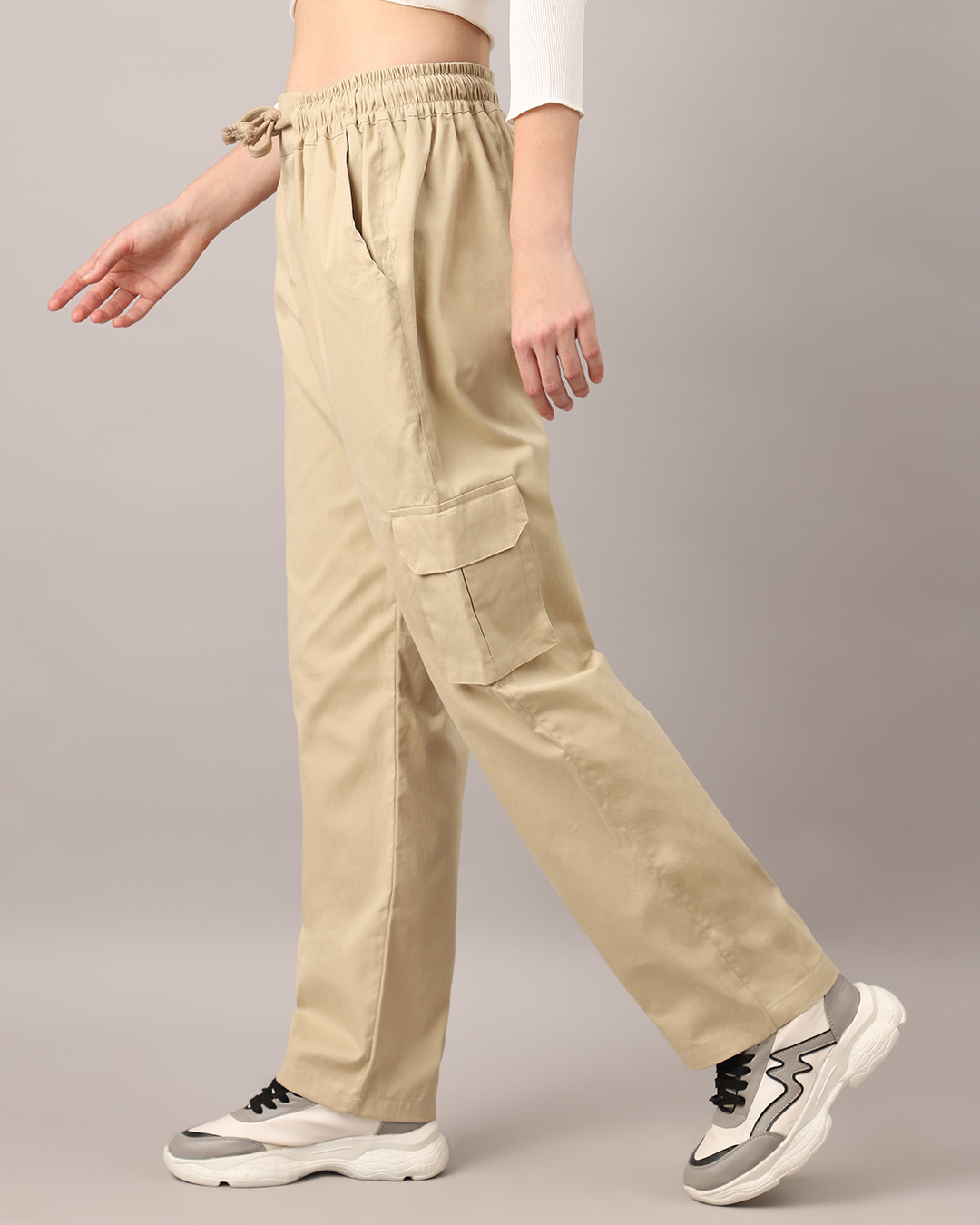 Shop Women's Sand Beige Loose Comfort Fit Cargo Pants-Back