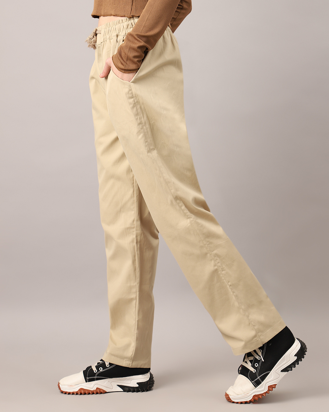 Shop Women's Sand Beige Loose Comfort Fit Pants-Back