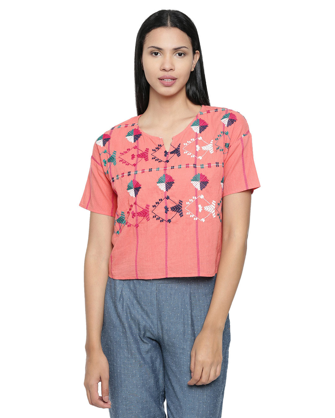 Shop Women's Satin Embroidered Pink Top-Front