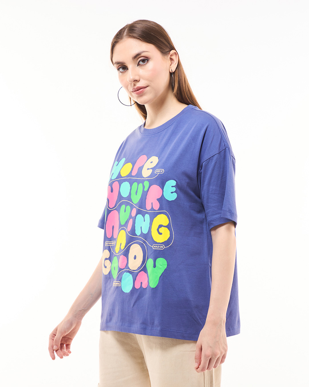 Shop Women's Skipper Blue Good Day Typography Oversized T-shirt-Back