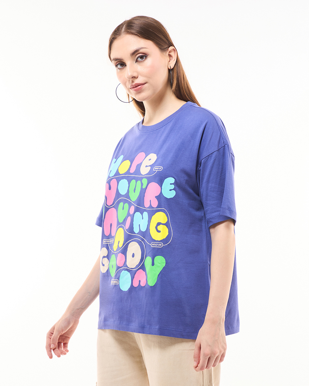 Shop Women's Skipper Blue Good Day Typography Oversized T-shirt-Back