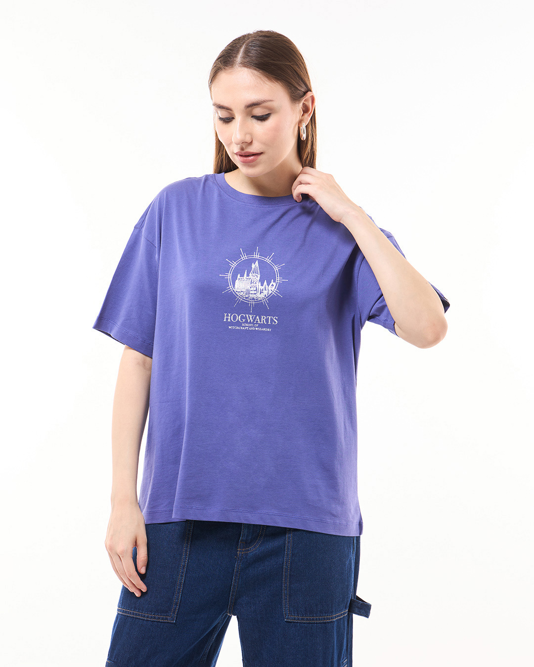 Shop Women's Skipper Blue Hogwarts Magic Graphic Printed Oversized T-shirt-Back