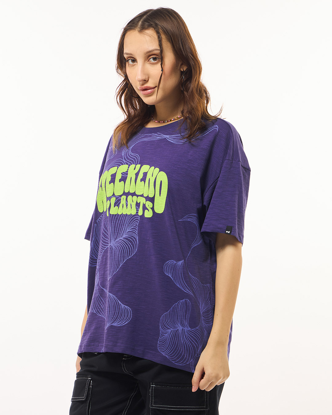 Shop Women's Skipper Blue Weekend Plants Graphic Printed Oversized T-shirt-Back