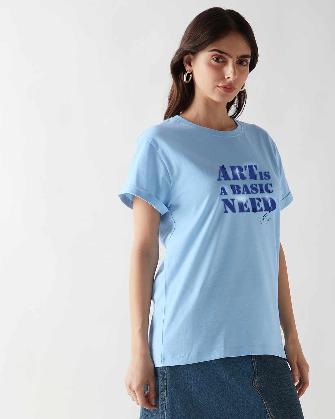 Shop Women's Sky Blue Art Is A Basic Need Typography Boyfriend T-shirt-Back