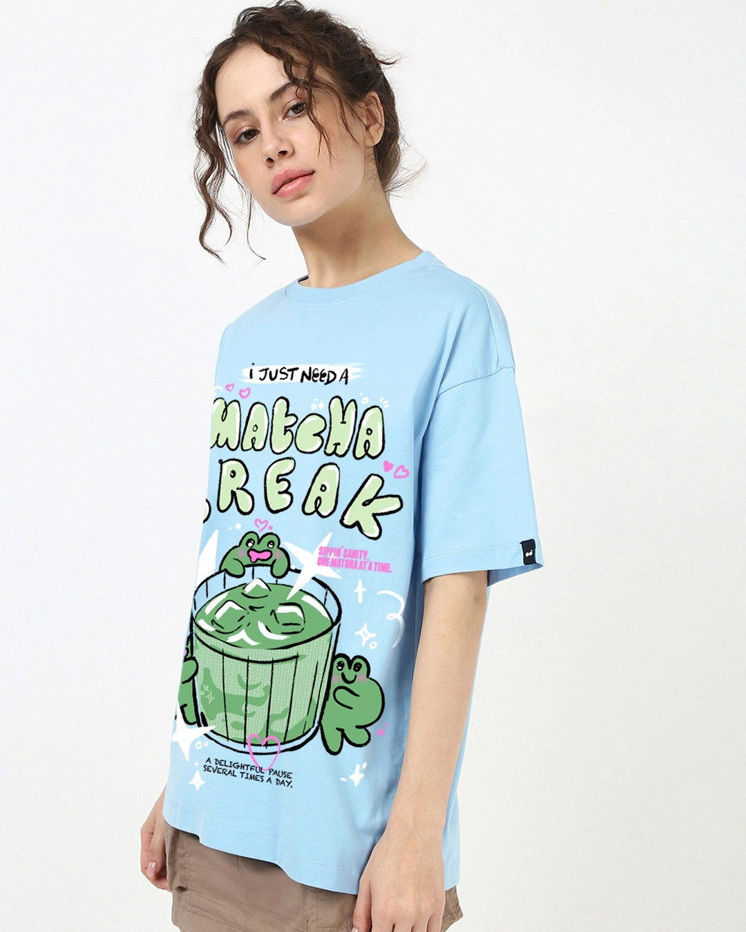 Shop Women's Sky Blue Matcha Break Graphic Printed Oversized T-shirt-Back