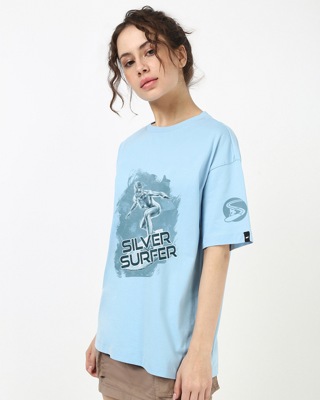 Shop Women's Sky Blue Silver Surfer Graphic Printed Oversized T-shirt-Back