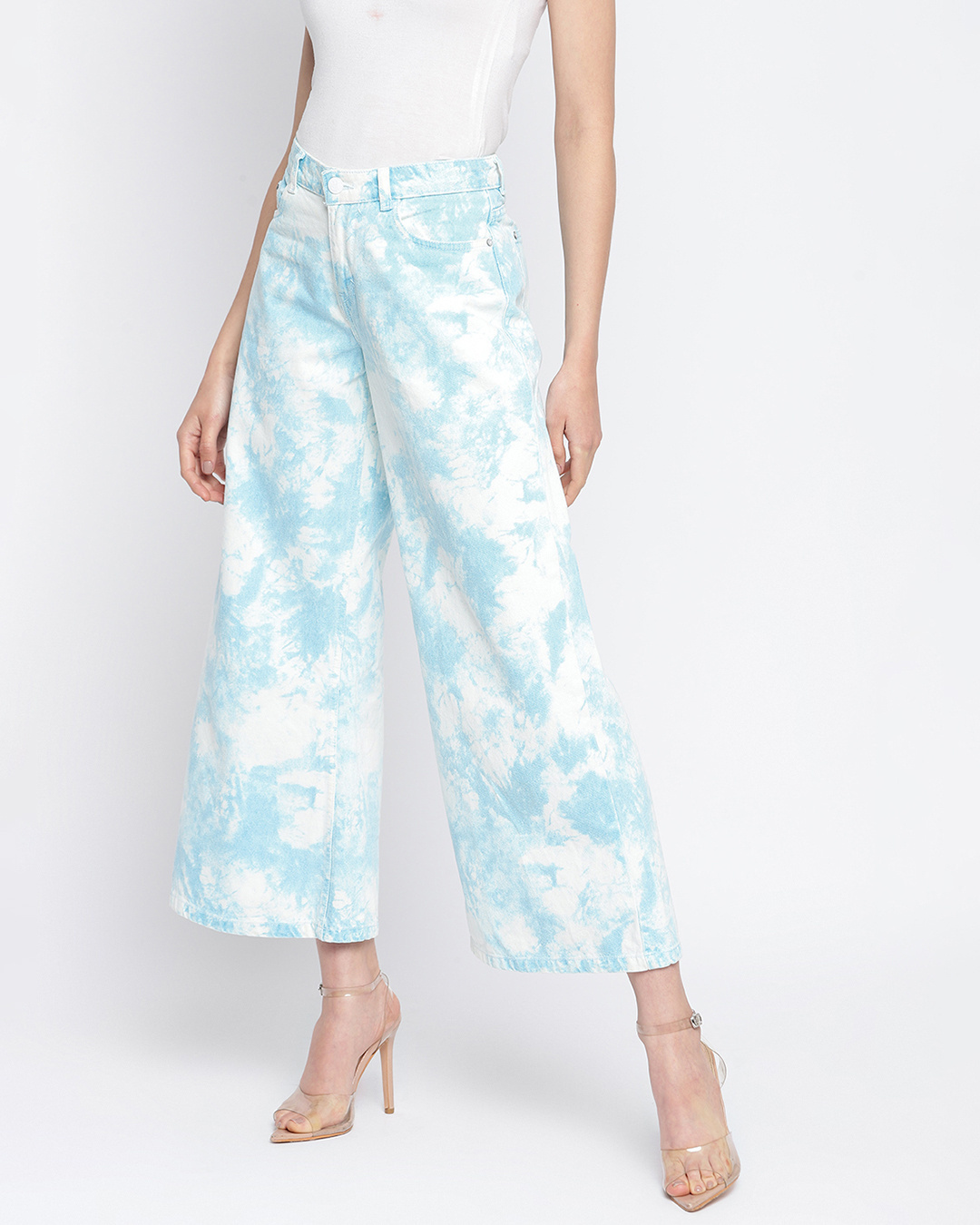 Shop Women's Sky Blue Tie & Dye Wide Leg Jeans-Back