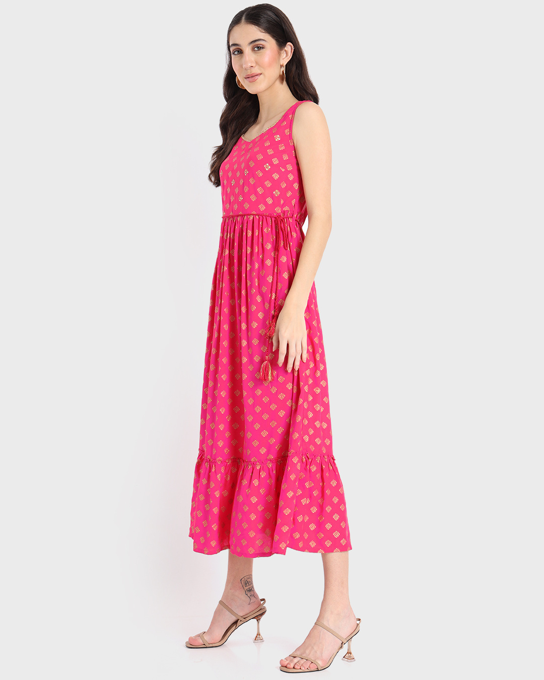 Shop Women's Pink Printed Sleeveless Ethnic Dress-Back