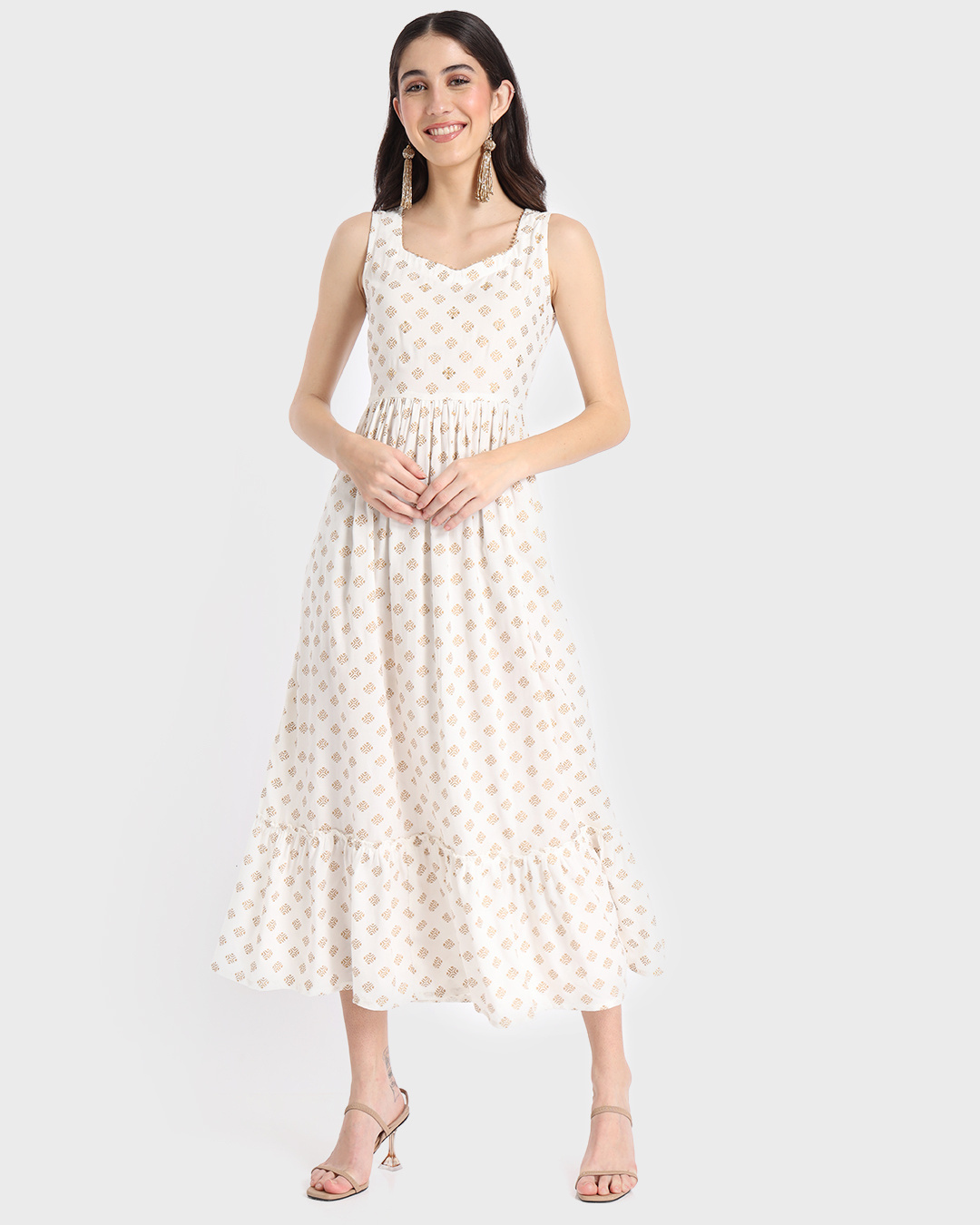 Shop Women's White Printed Sleeveless Ethnic Dress-Front