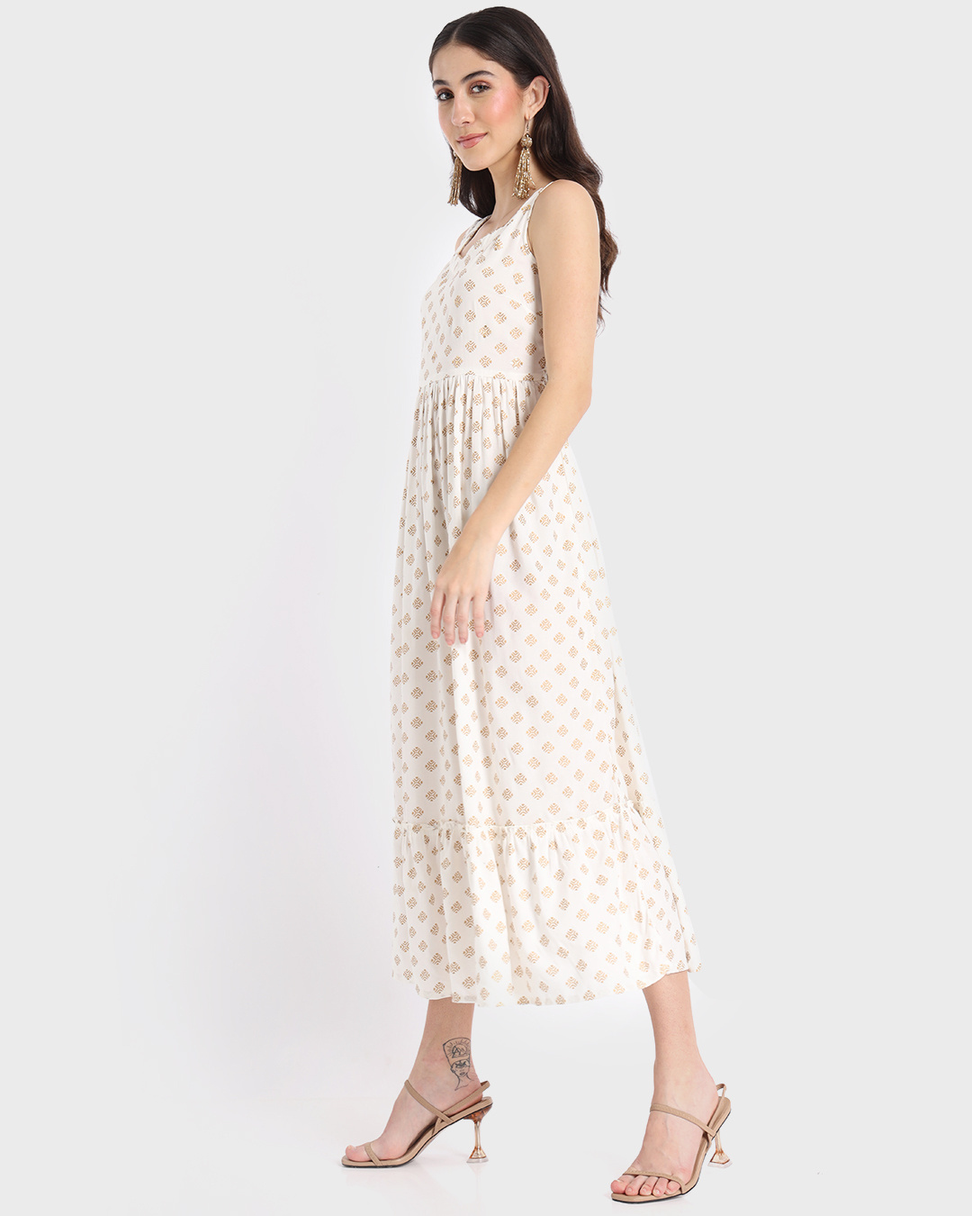 Shop Women's White Printed Sleeveless Ethnic Dress-Back
