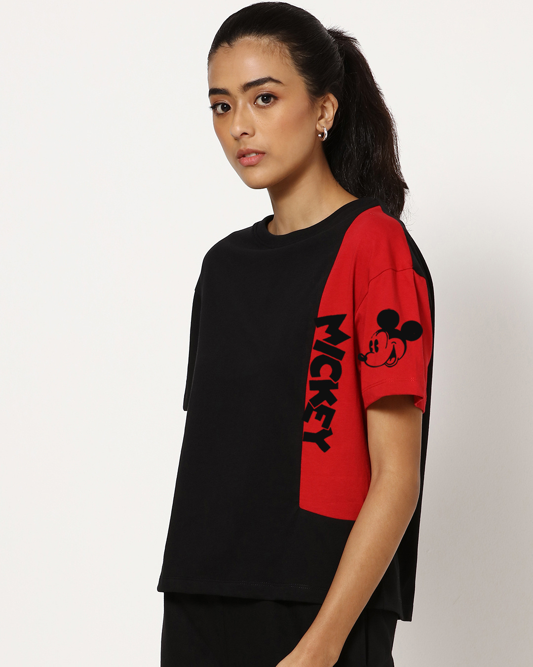 Shop Women's Black & Red Smiling Mickey Graphic Printed Oversized Short Top-Back