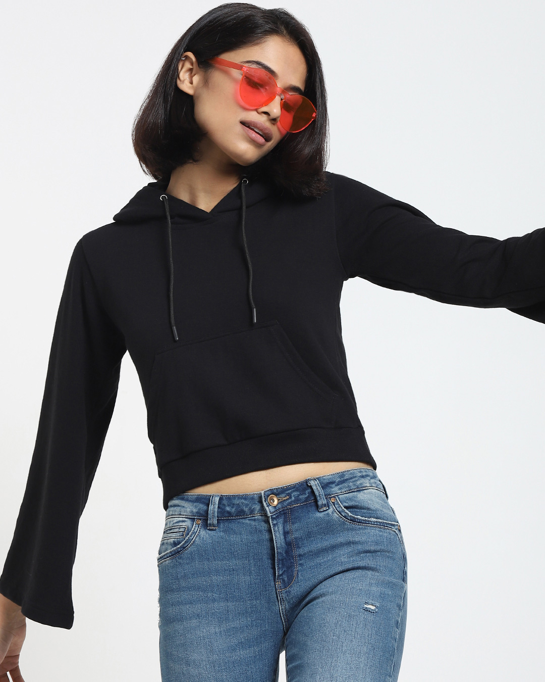 Buy Women's Black Flare Sleeve Hoodie Online at Bewakoof