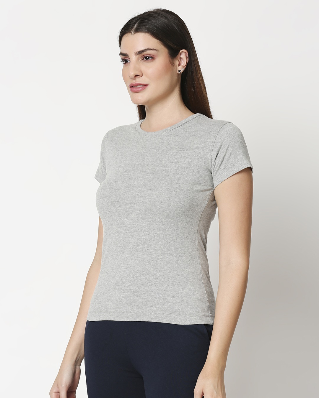 Shop Women's Solid Grey Loune Slim Fit T-Shirt-Back