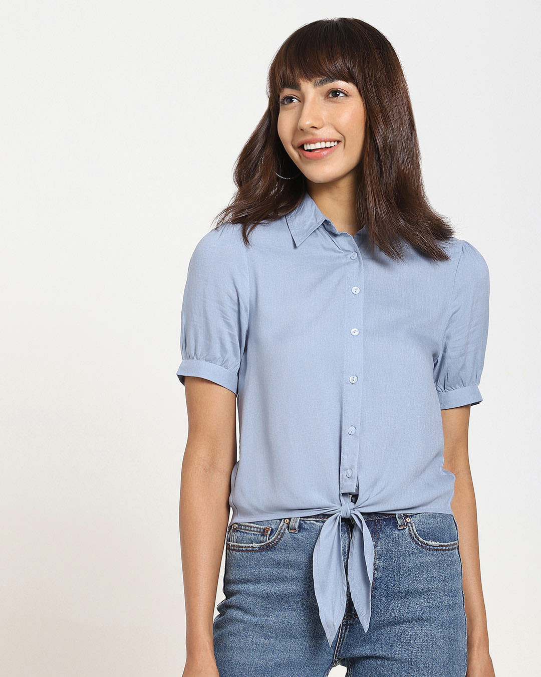 Shop Women's Solid Tie Hem Half Sleeve Casual Blue Shirt-Back