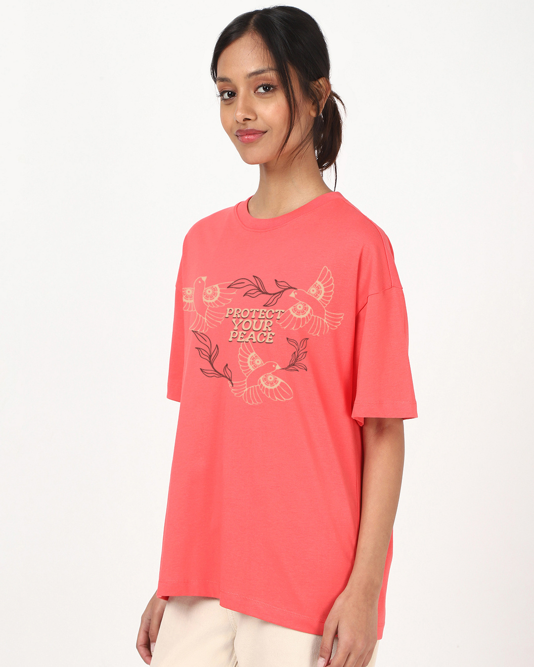 Shop Women's Spiced Coral Pink Peace Graphic Printed Oversized T-shirt-Back