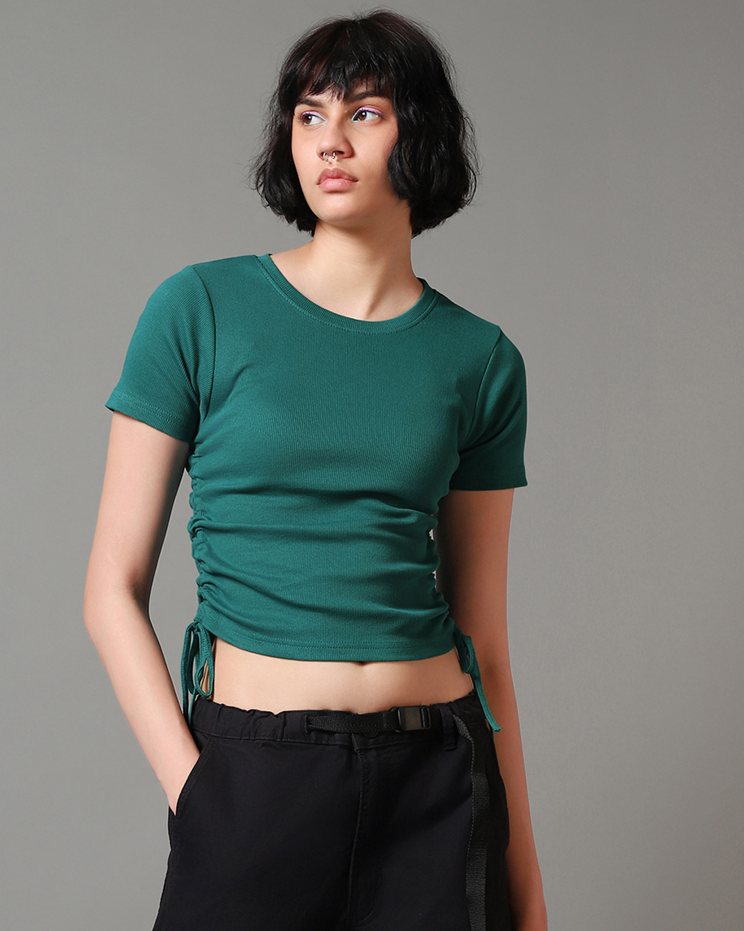 Shop Women's Storm Green Side Gather Slim Fit Short Top-Back