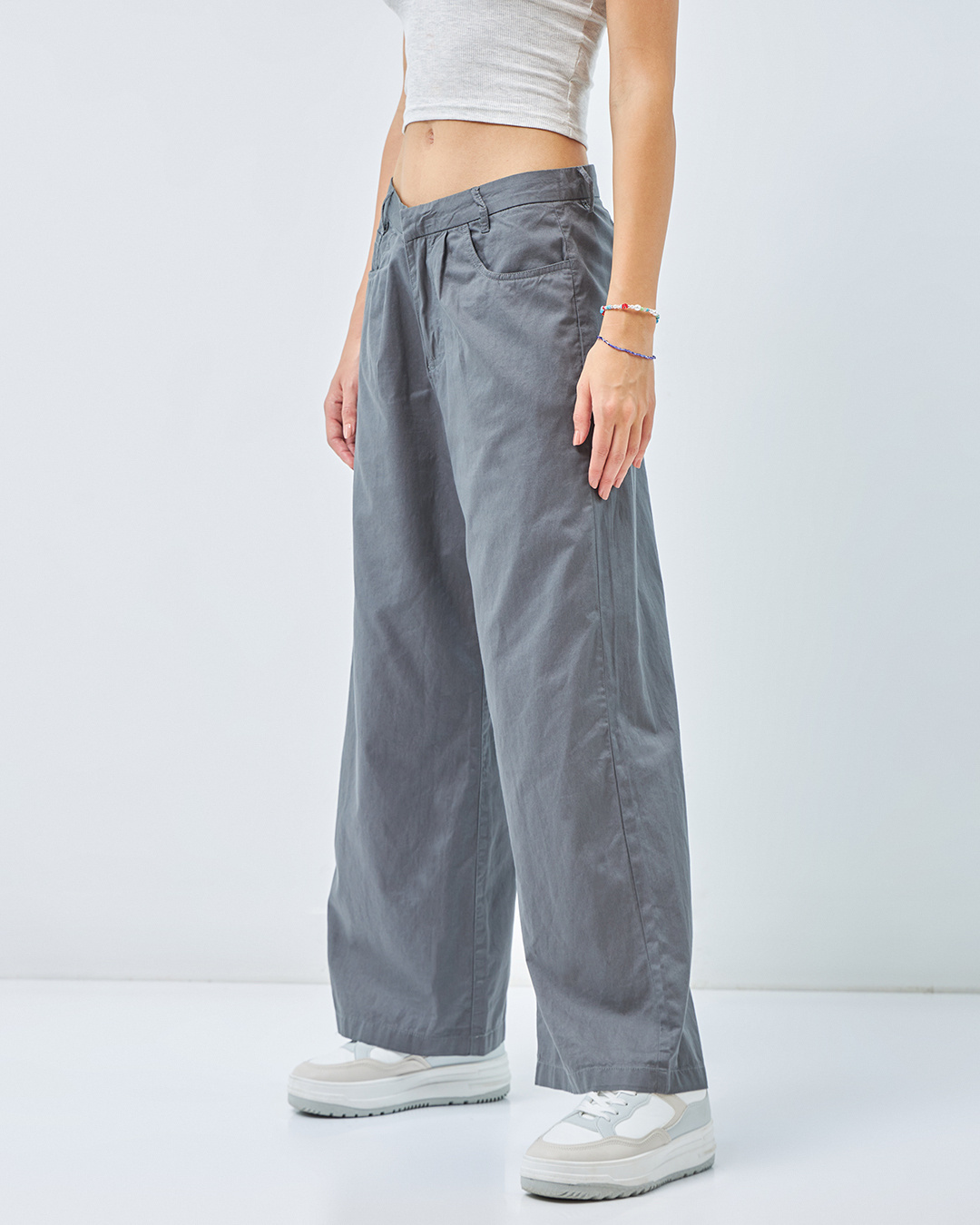 Shop Women's Grey Super Loose Fit Wide Leg Pants-Back