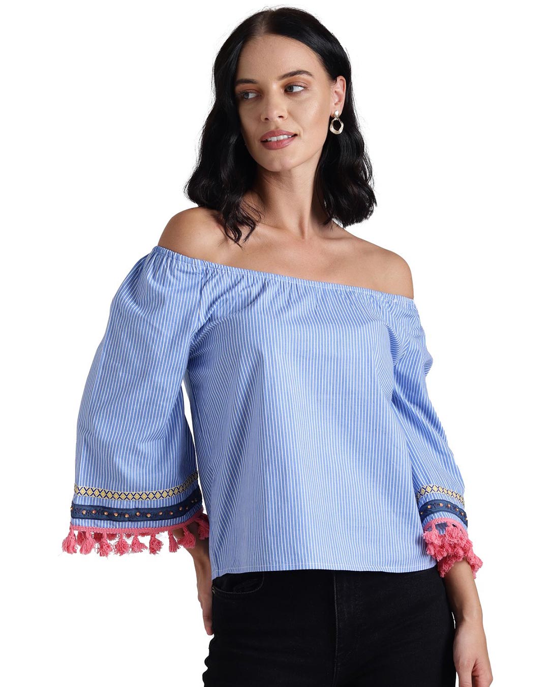 Shop Women's Tassel Hems Off Shoulder Blue Top-Front