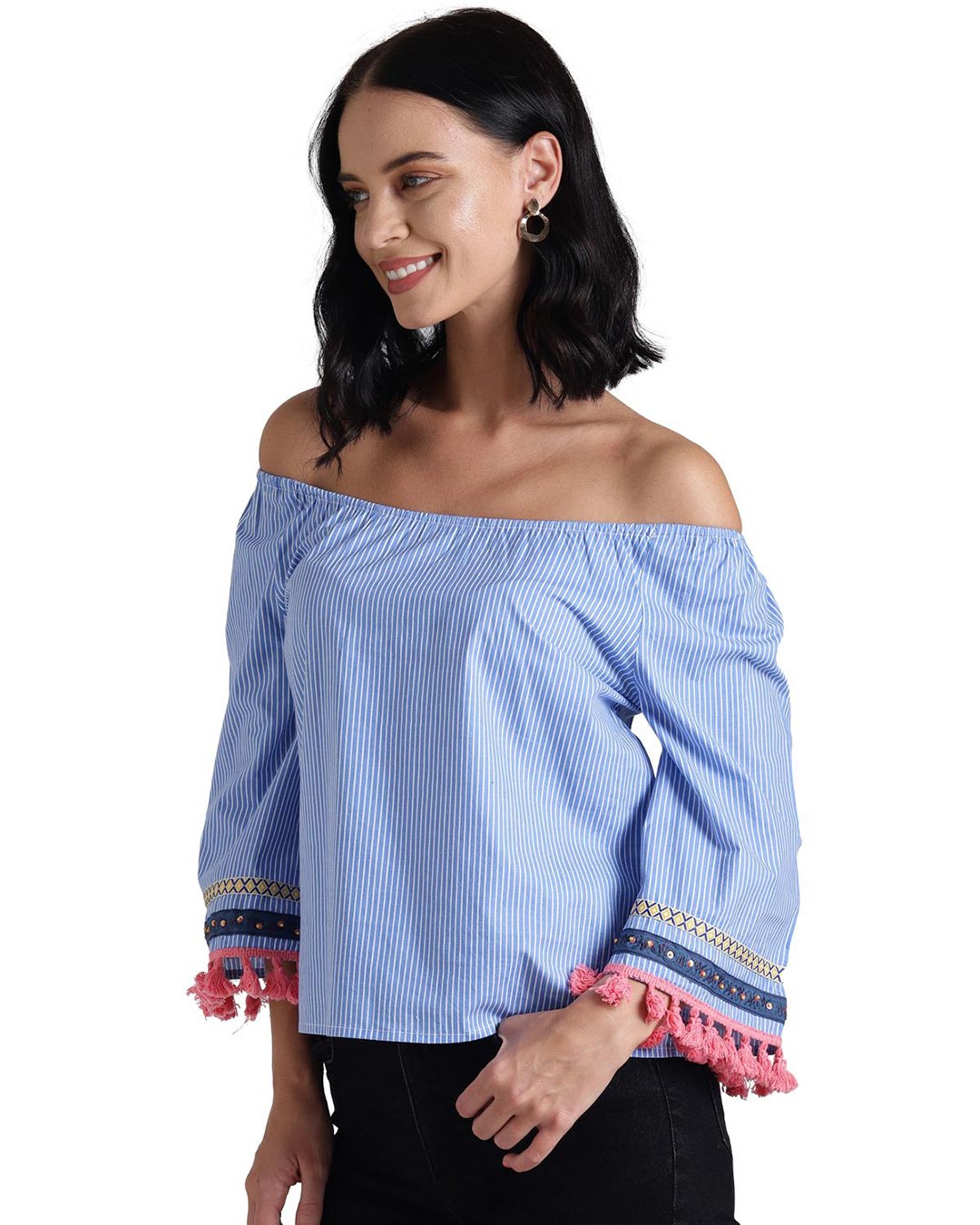 Shop Women's Tassel Hems Off Shoulder Blue Top-Back