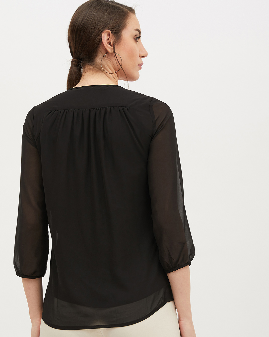 Shop Women's V Neck Three Quarter Sleeves Solid Top-Back