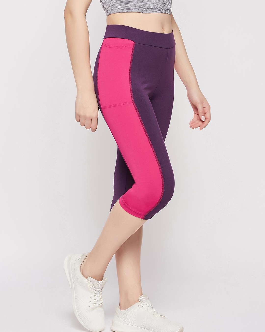 Shop Women's Violet Color Block Slim Fit Activewear Capri-Back