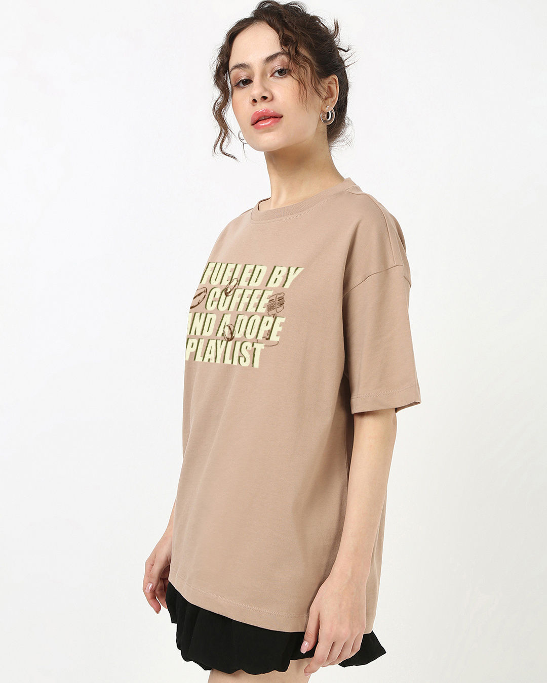 Shop Women's Warm Taupe Brown Coffee And Playlist Typography Oversized T-shirt-Back