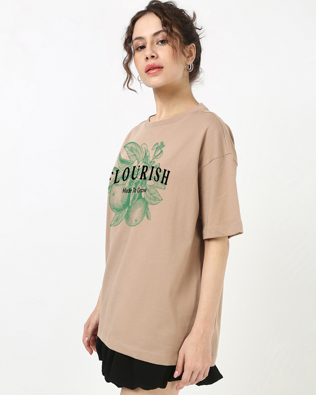 Shop Women's Warm Taupe Brown Flourish Graphic Printed Oversized T-shirt-Back