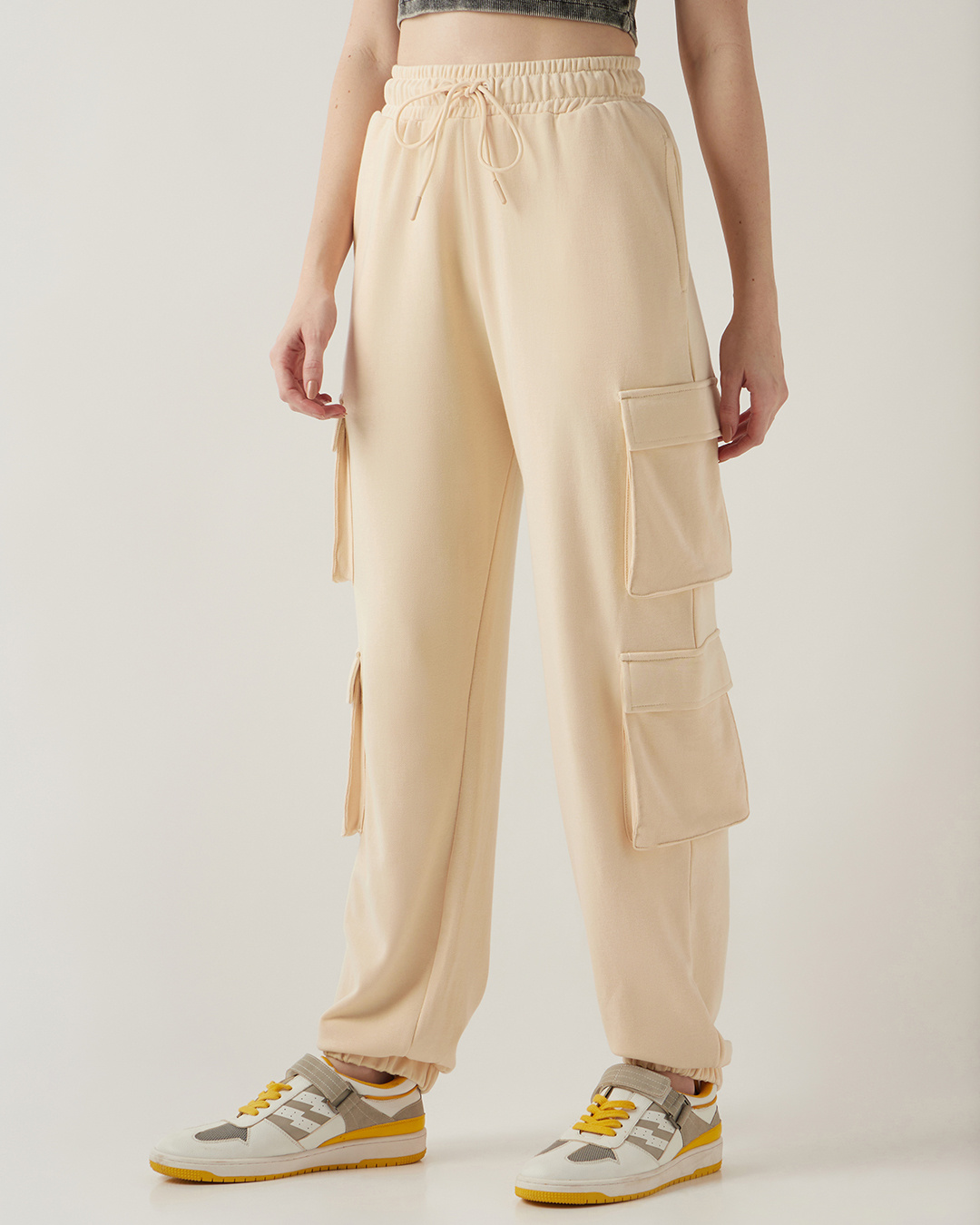 Shop Women's Beige Super Loose Fit Cargo Joggers-Back