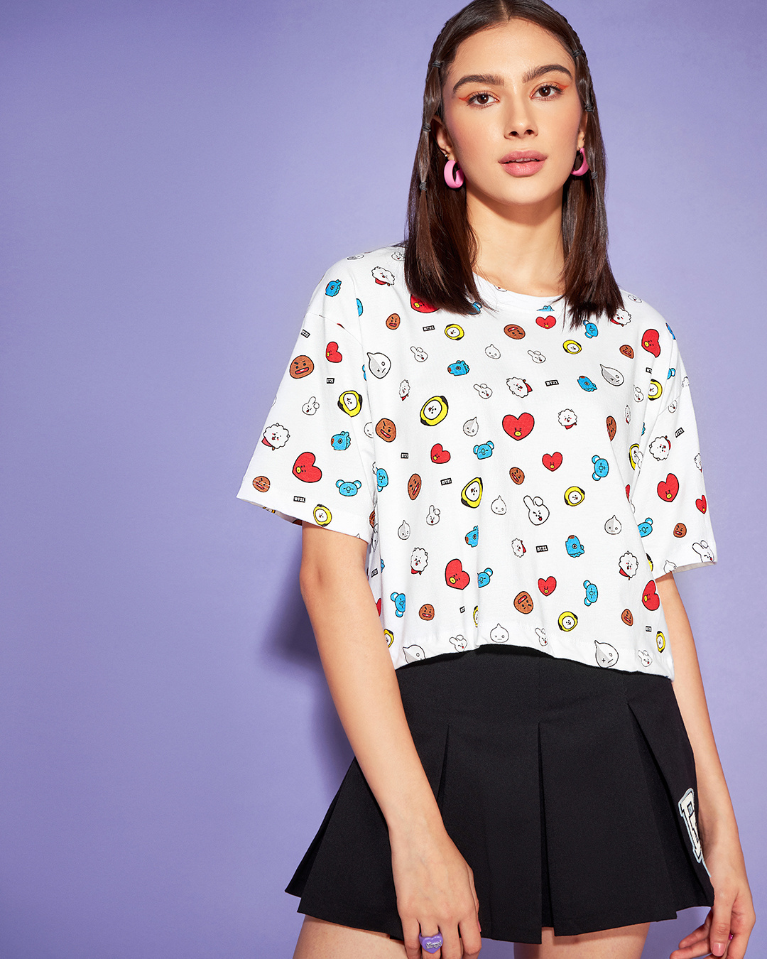 Shop Women's White All Over BTS Doodle Printed Oversized Fit Cropped T-shirt-Back