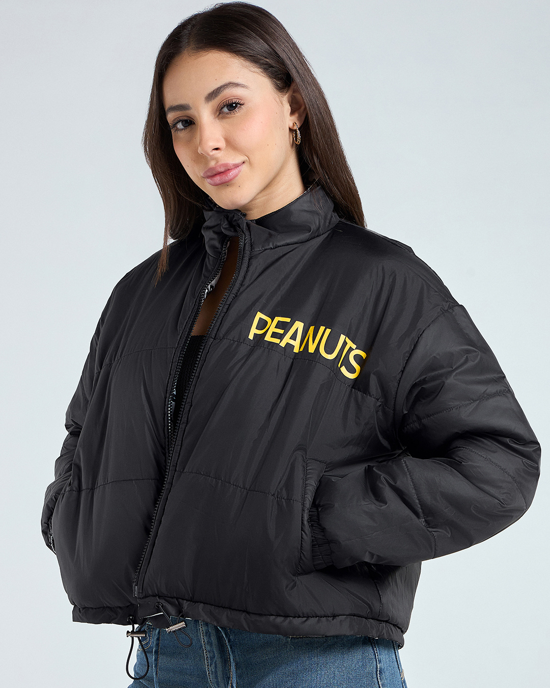 Shop Women's White & Black All Over Printed Oversized Reversible Zipper Crop Puffer Jacket-Back
