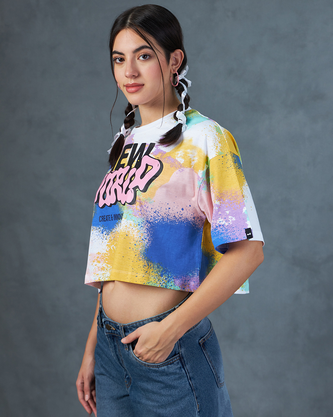 Shop Women's White & Yellow New World All Over Printed Oversized Crop T-shirt-Back