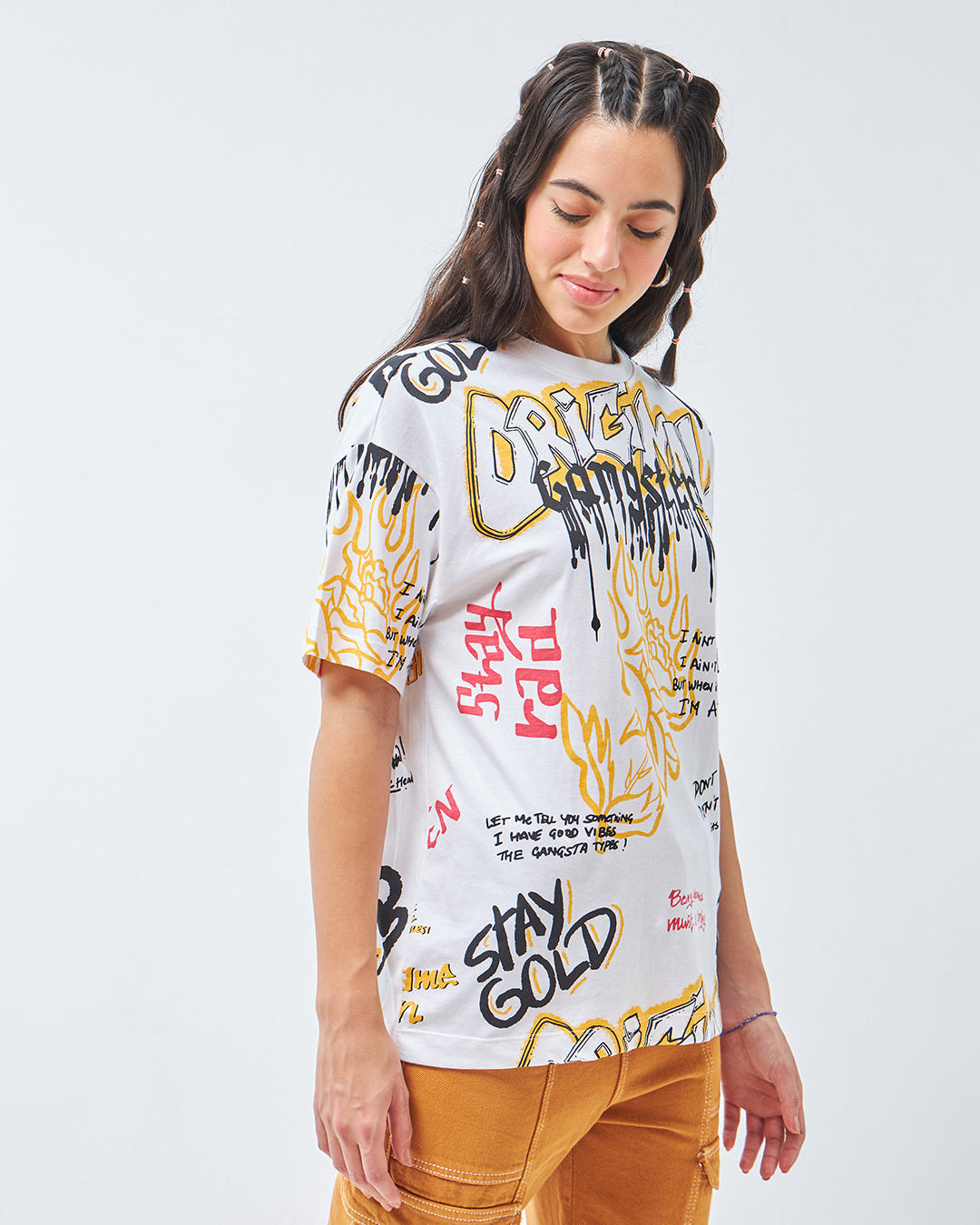 Shop Women's White All Over Printed Oversized T-Shirt-Back