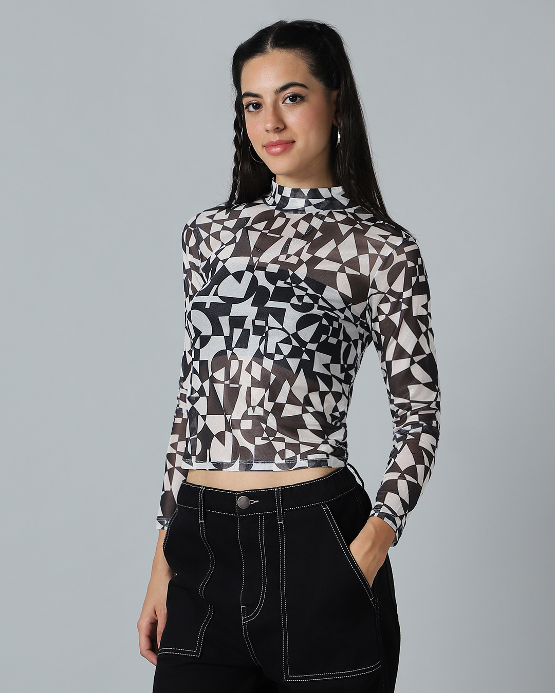 Shop Women's White & Black All Over Printed Slim Fit Short Top-Back