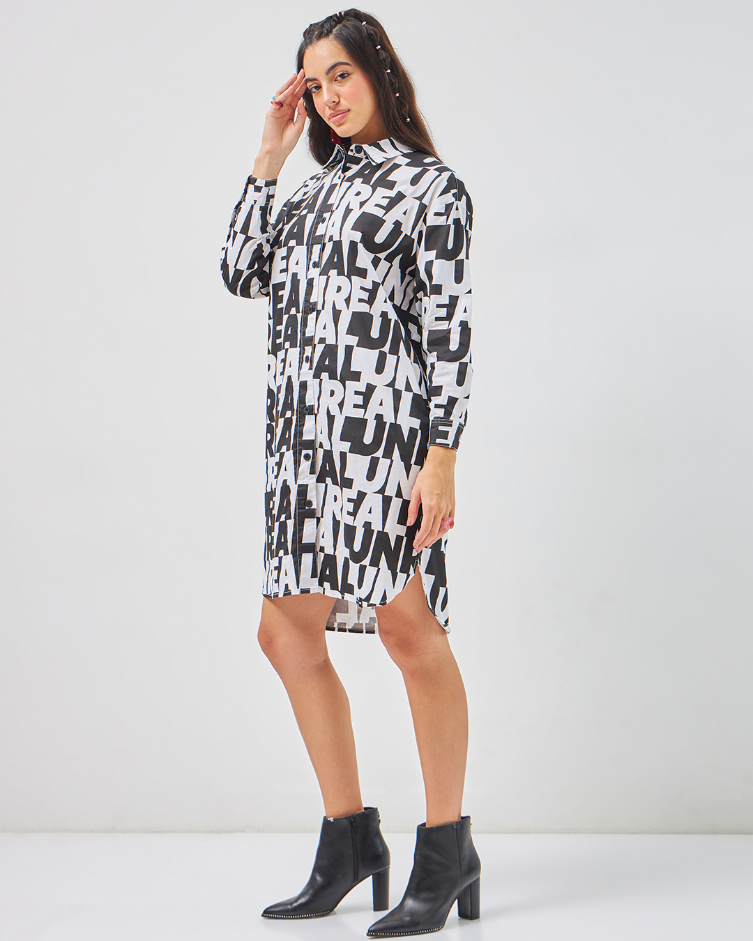 Shop Women's Black & White All Over Printed Oversized Shirt Dress-Back